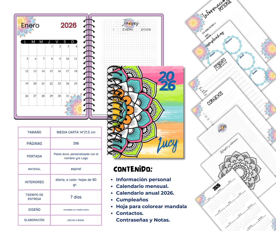 Agenda 2026 Mandala Personalizada Pasta Dura A5