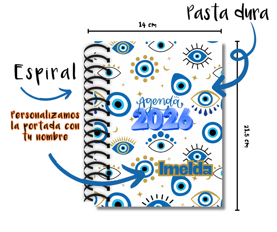 Agenda 2026 Personalizada Ojo Turco A5 1 dia por pagina, 2 dias por pagina  Espiral o arillo metalico