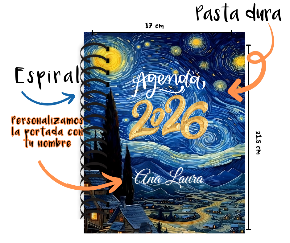 Agenda 2026 Diaria Van Gogh para Hombre o Mujer Pasta Dura 18x22cm