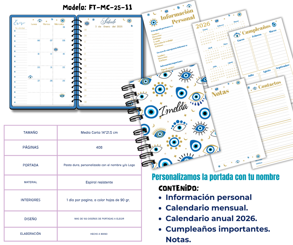 Agenda 2026 Personalizada Ojo Turco A5 1 dia por pagina, 2 dias por pagina  Espiral o arillo metalico