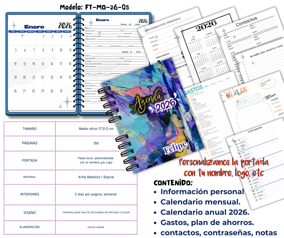 Agenda 2026 Personalizada para Salon De Eventos o Negocios formato Semanal, 3 dias por pagina