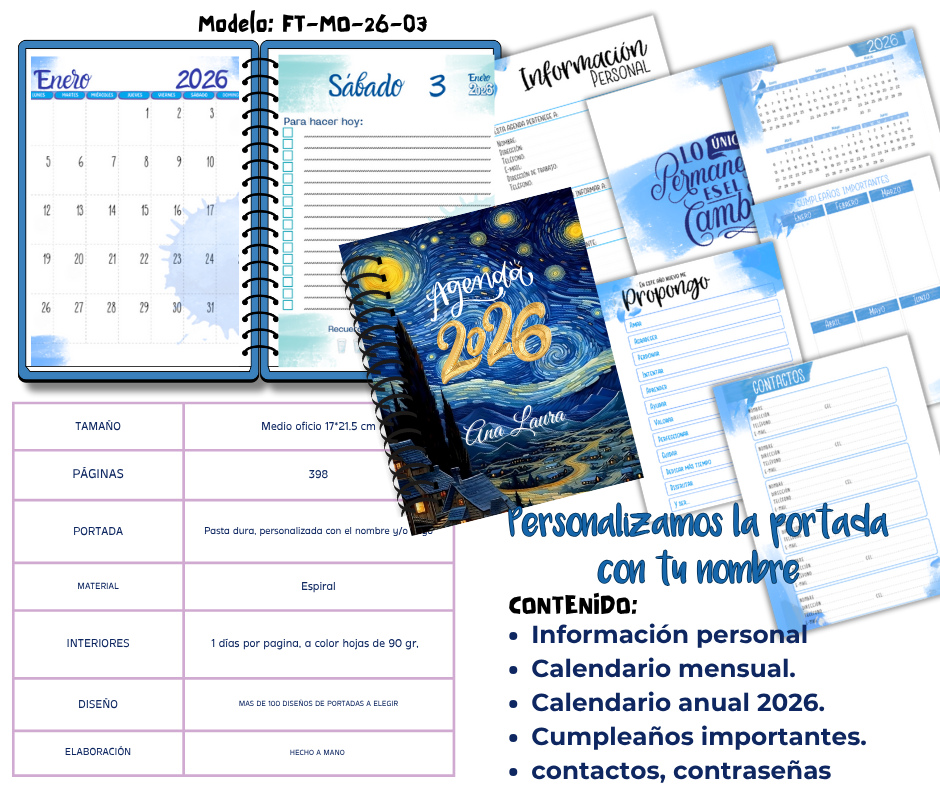 Agenda 2026 Diaria Van Gogh para Hombre o Mujer Pasta Dura 18x22cm