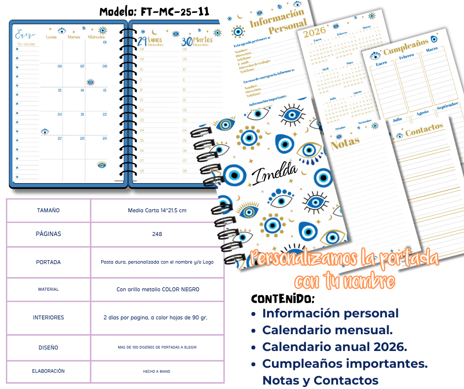 Agenda 2026 Personalizada Ojo Turco A5 1 dia por pagina, 2 dias por pagina  Espiral o arillo metalico
