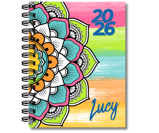 Agenda 2025 Mandala Personalizada Pasta Dura arillo y espiral tamaño media carta A5 14x21.50cm