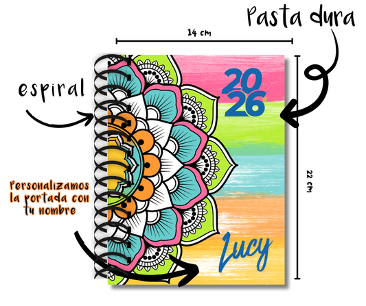 Agenda 2025 Mandala Personalizada Pasta Dura arillo y espiral tamaño media carta A5 14x21.50cm