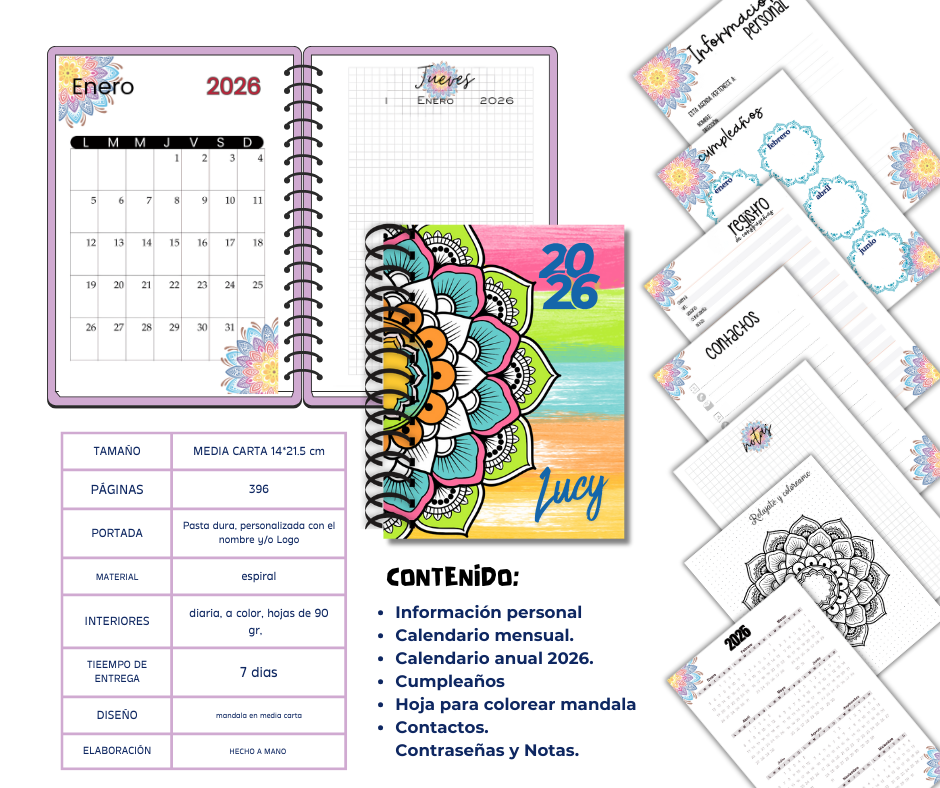 Agenda 2025 Mandala Personalizada Pasta Dura arillo y espiral tamaño media carta A5 14x21.50cm
